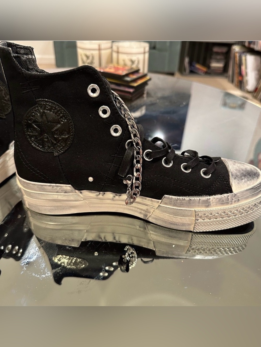 Converse Punk Rock Grunge Black High-Top Canvas Sneakers with Chain Accent